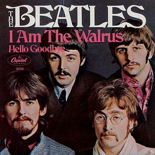 An image of the cover for the single release of 'I Am the Walrus' b/w 'Hello Goodbye.' Original source: Wikipedia, en.wikipedia.org/wiki/I_Am_the_Walrus.